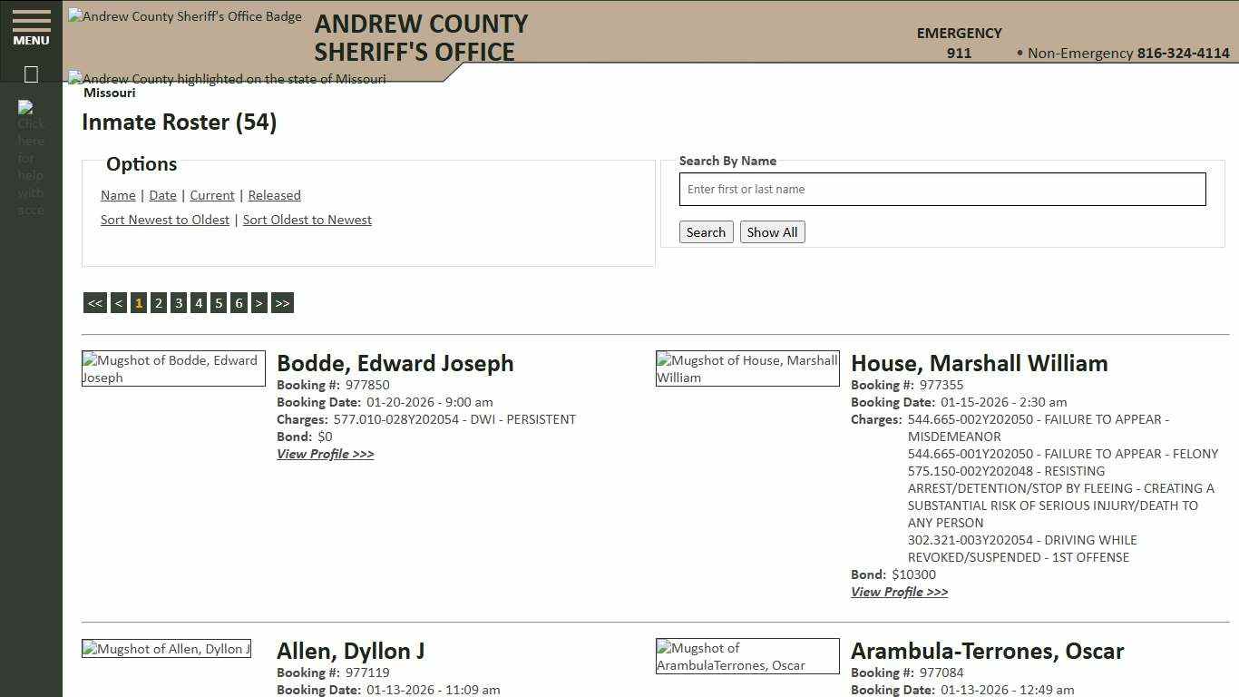 Inmate Roster - Current Inmates Booking Date Descending - Andrew County Sheriff's Office